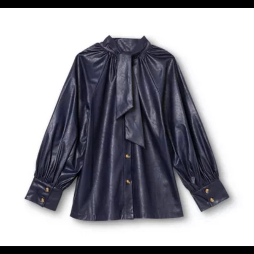 NWT Faux leather Blue Top with Bow